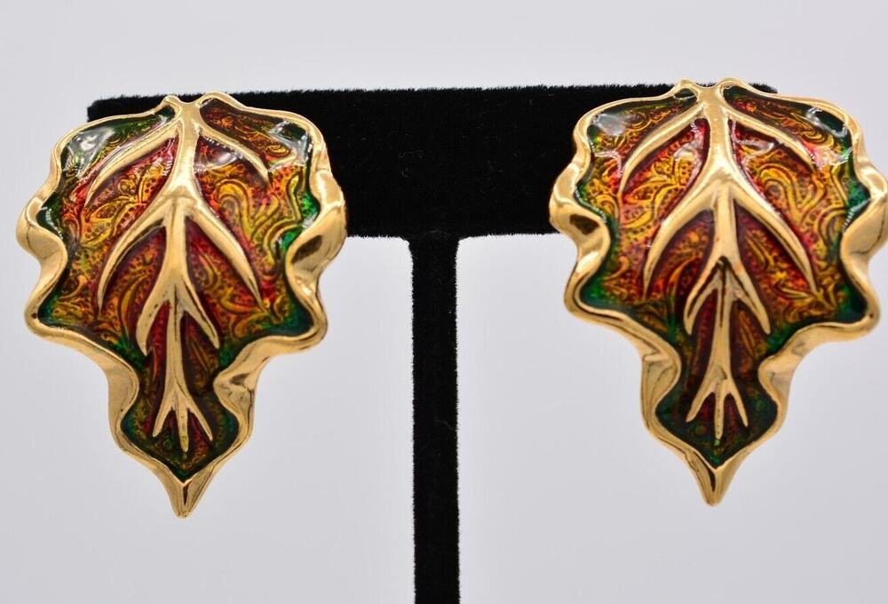 Vintage Leaf Clip On Earrings Green Orange Enamel Gold Autumn Chunky 80s BinA16
